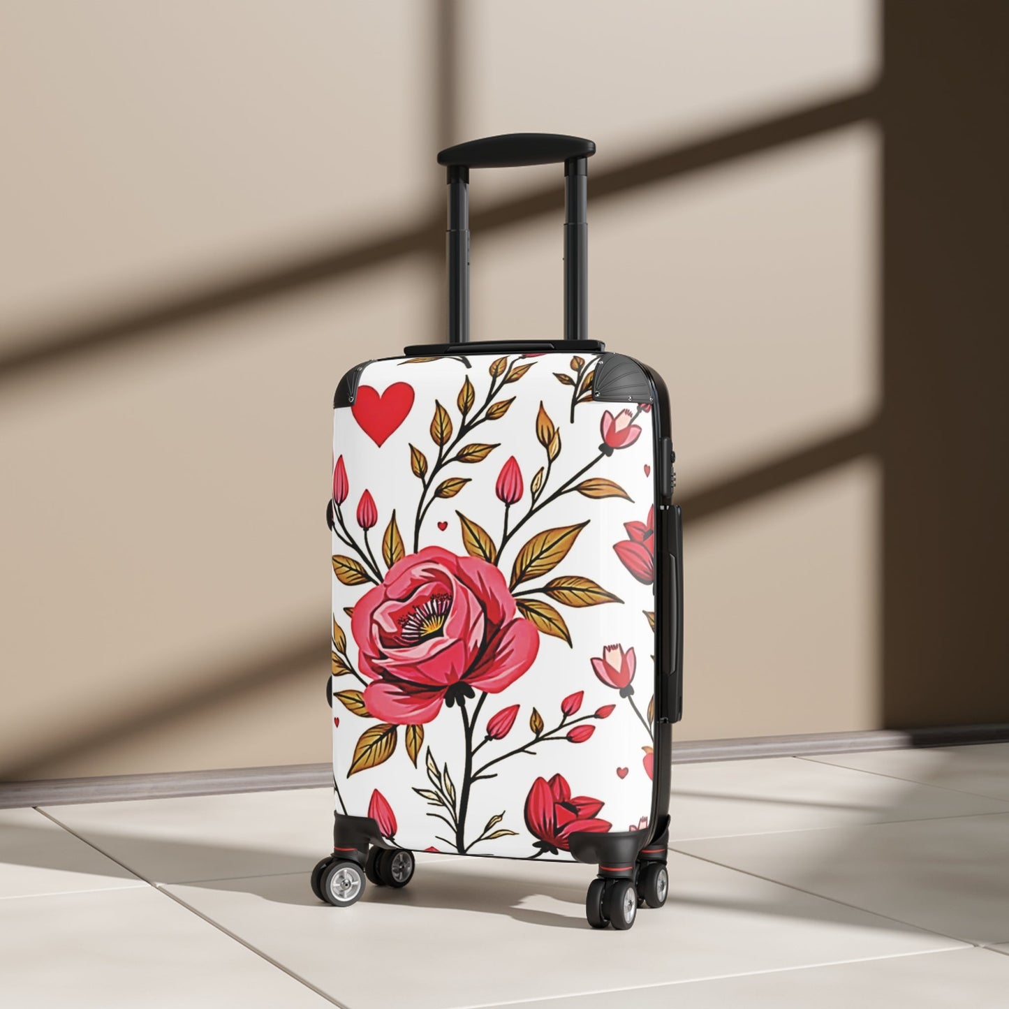 Floral Heart Carry-On Suitcase — Pink Rose Pattern Travel Luggage