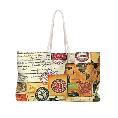 Vintage Travel Postage Collage Weekender Bag | Retro Luggage Print | Large Tote Bag