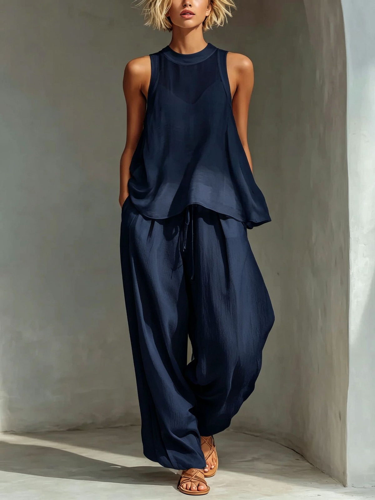 Sheer Round-neck Sleeveless Tank Top And Drawstring Wide-leg Pants Set