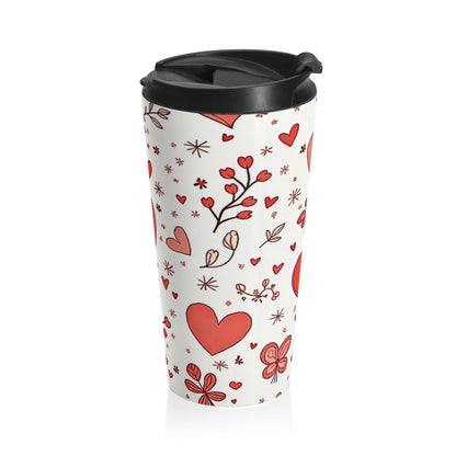 Hand-Drawn Hearts Travel Mug | Valentine Butterfly Floral Stainless Steel