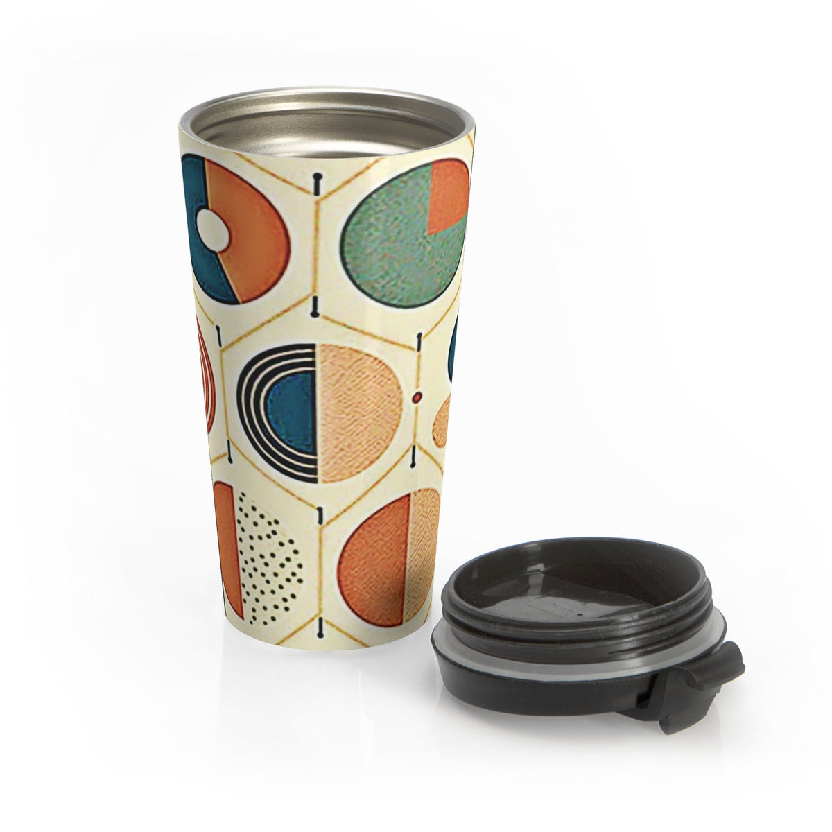 Mid Century Geometric Pattern Travel Mug | Retro Circle Design