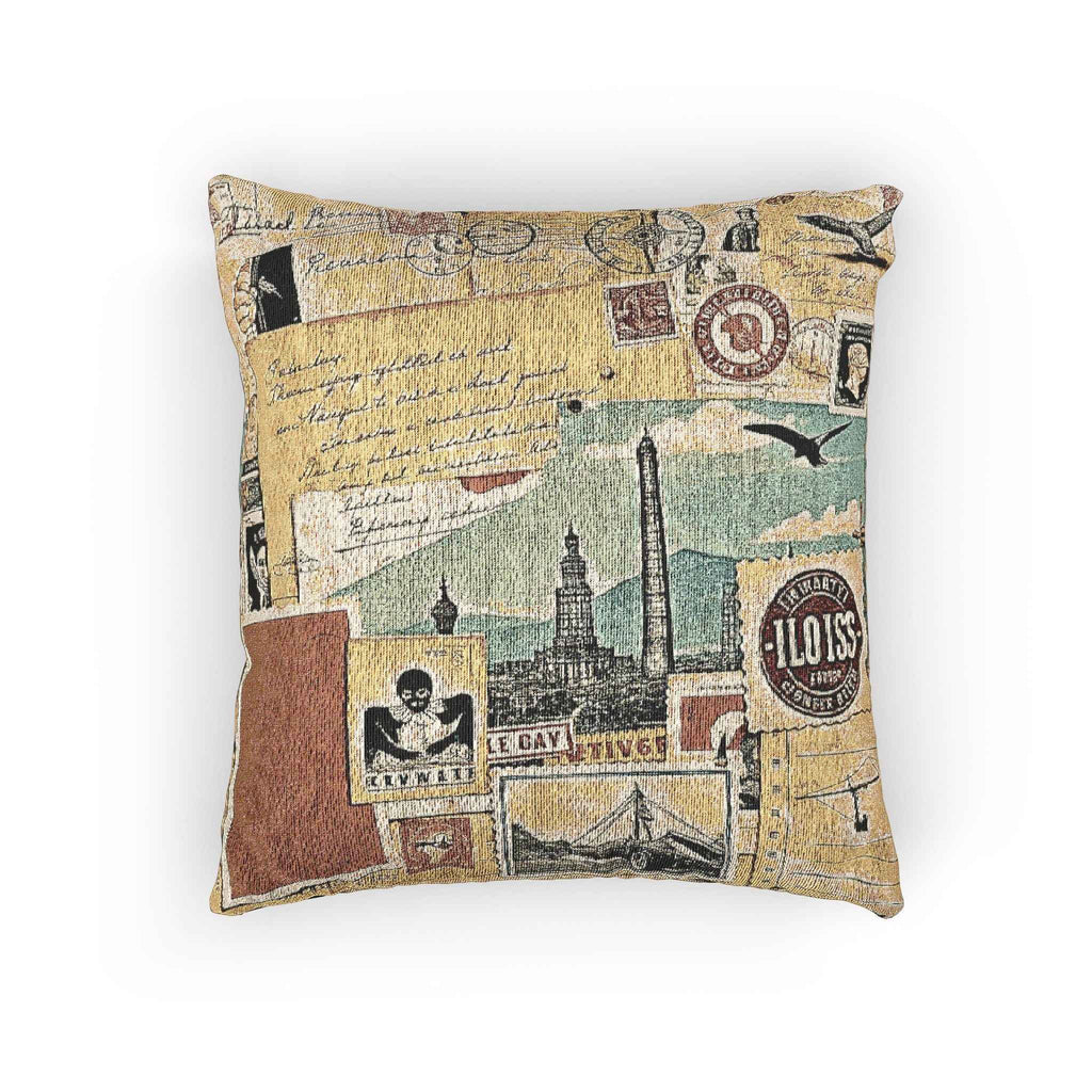 Vintage Travel Collage Woven Pillow | Cityscape Postcard Tapestry