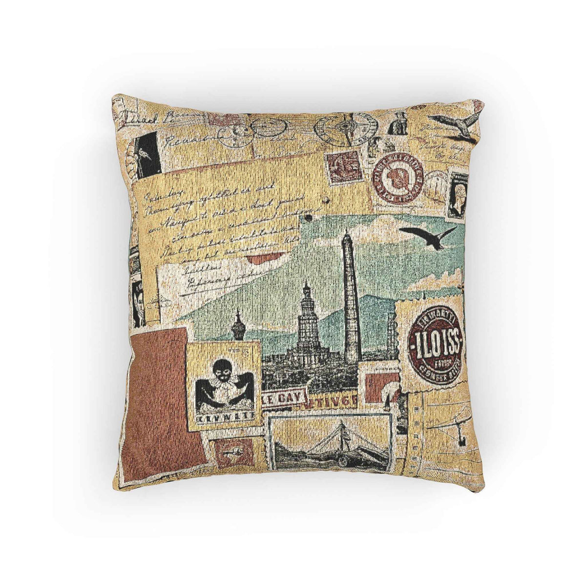 Vintage Travel Collage Woven Pillow | Cityscape Postcard Tapestry