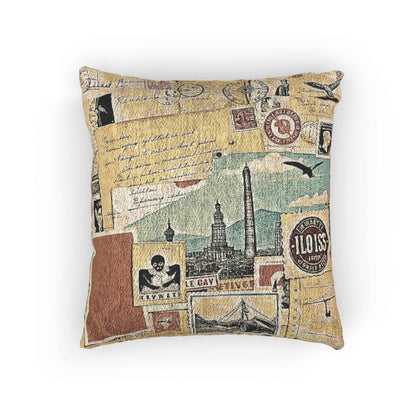 Vintage Travel Collage Woven Pillow | Cityscape Postcard Tapestry