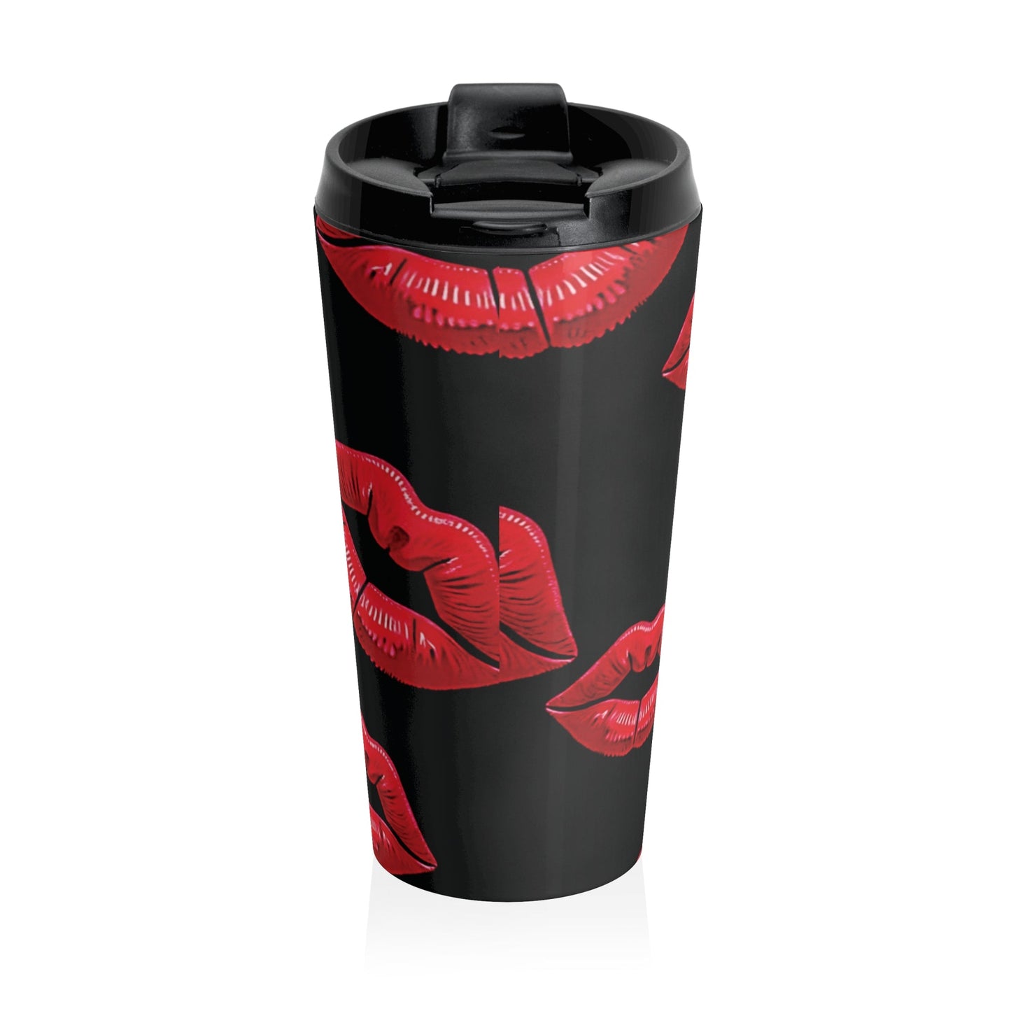 Red Lipstick Kiss Pattern Travel Mug | Black Stainless Steel