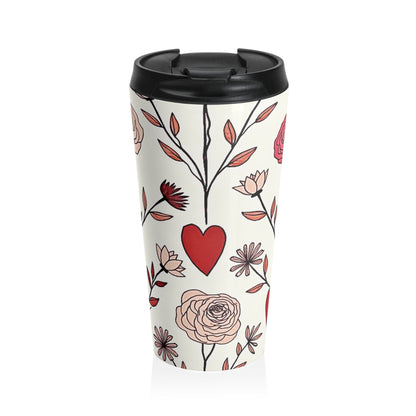 Hand-Drawn Red Heart Floral Stainless Steel Travel Mug | Valentine Pattern