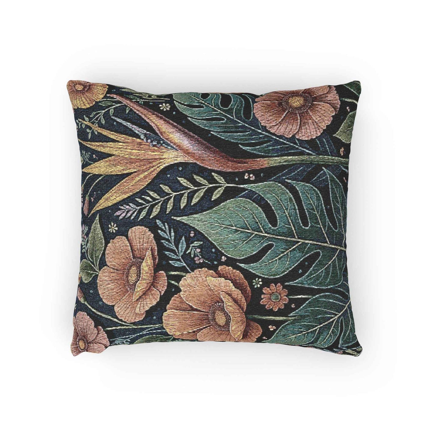 Tropical Floral tapestry pillow | woven botanical throw pillow, vintage jungle design