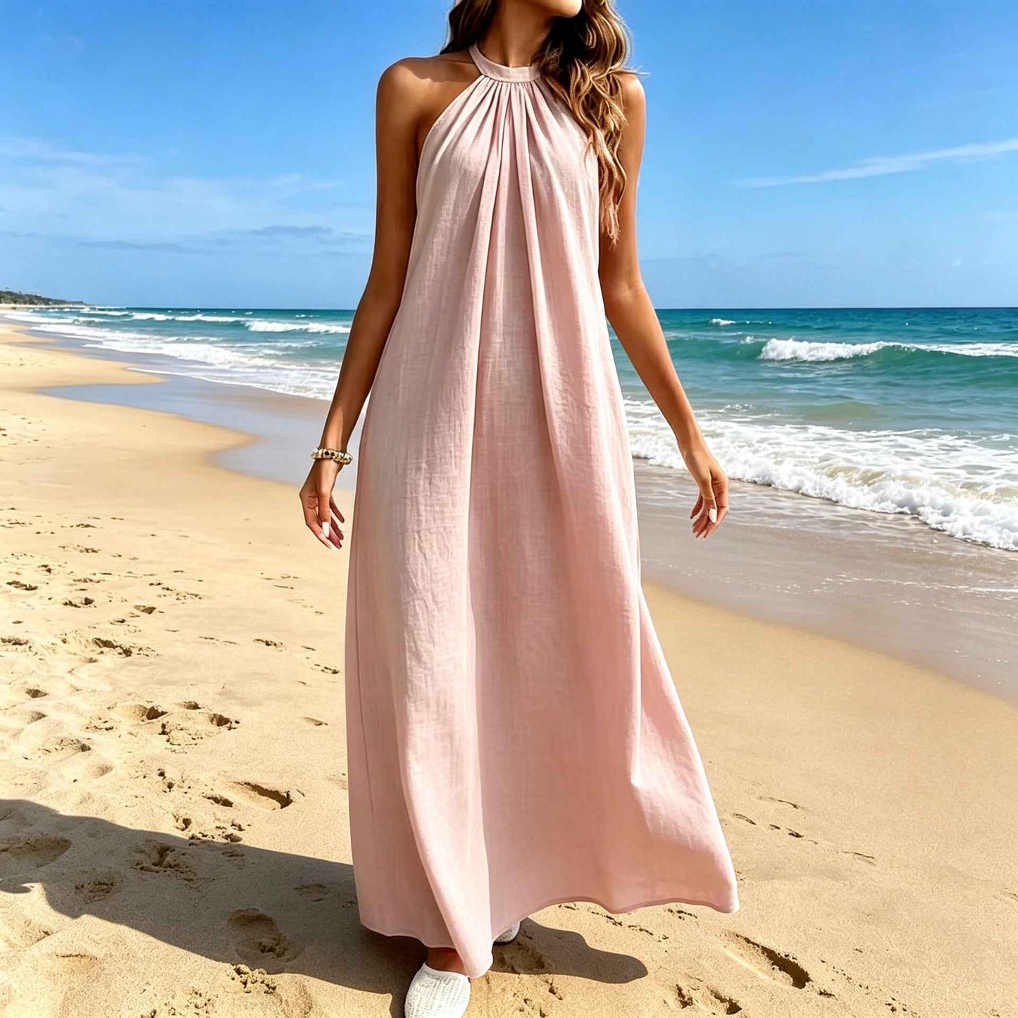 The Ladys Dress Is A Sexy Halter-neck Loose-fitting Style