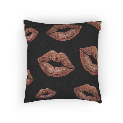 Rose Gold Lip Print Woven Pillow | Black Background, Decorative Throw Pillow