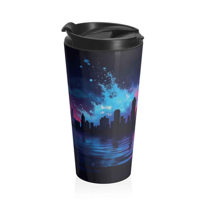 Neon City Skyline Stainless Steel Travel Mug — Retro Sunset Urban Thermos