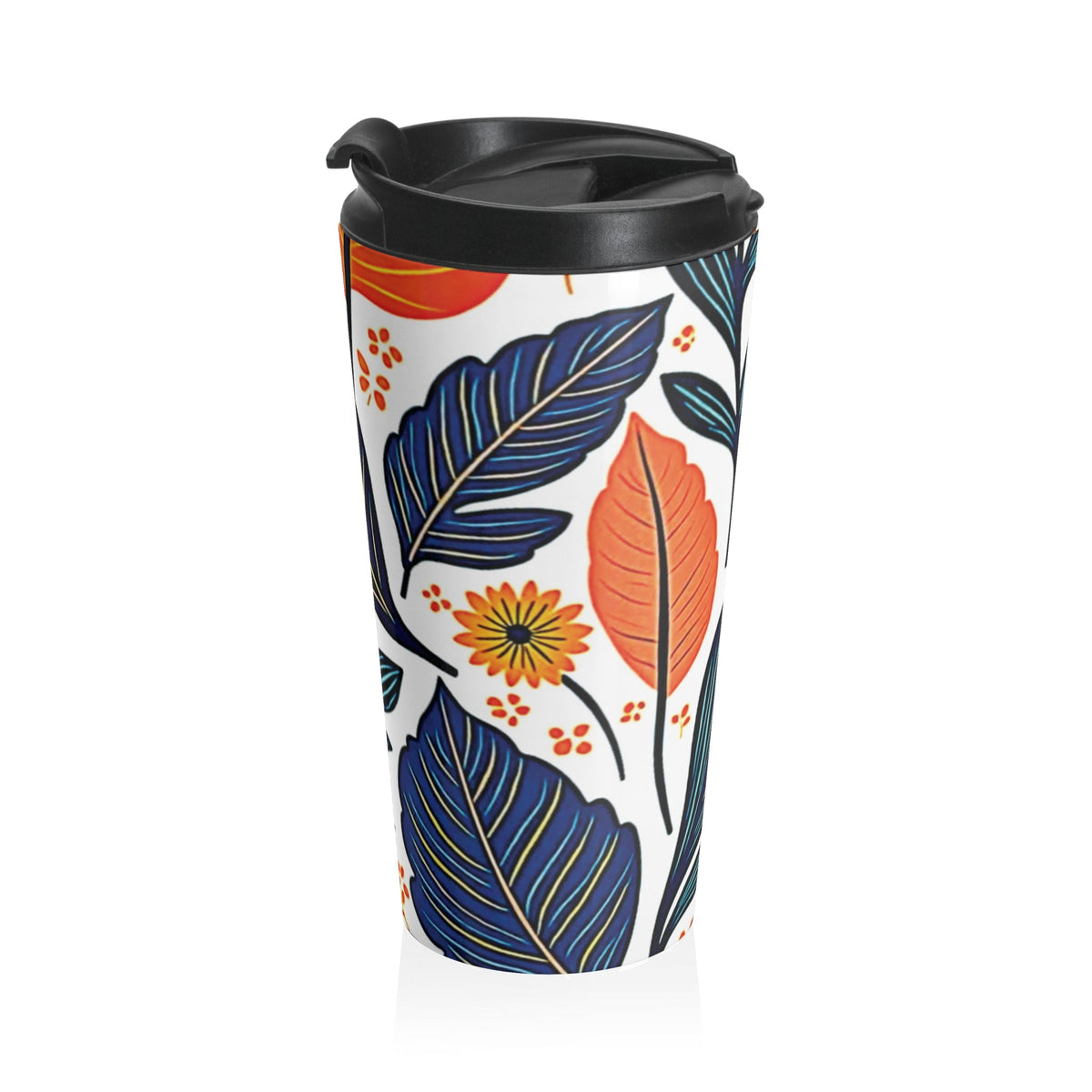 Autumn Foliage Floral Travel Mug | Orange Blue Leaf Pattern