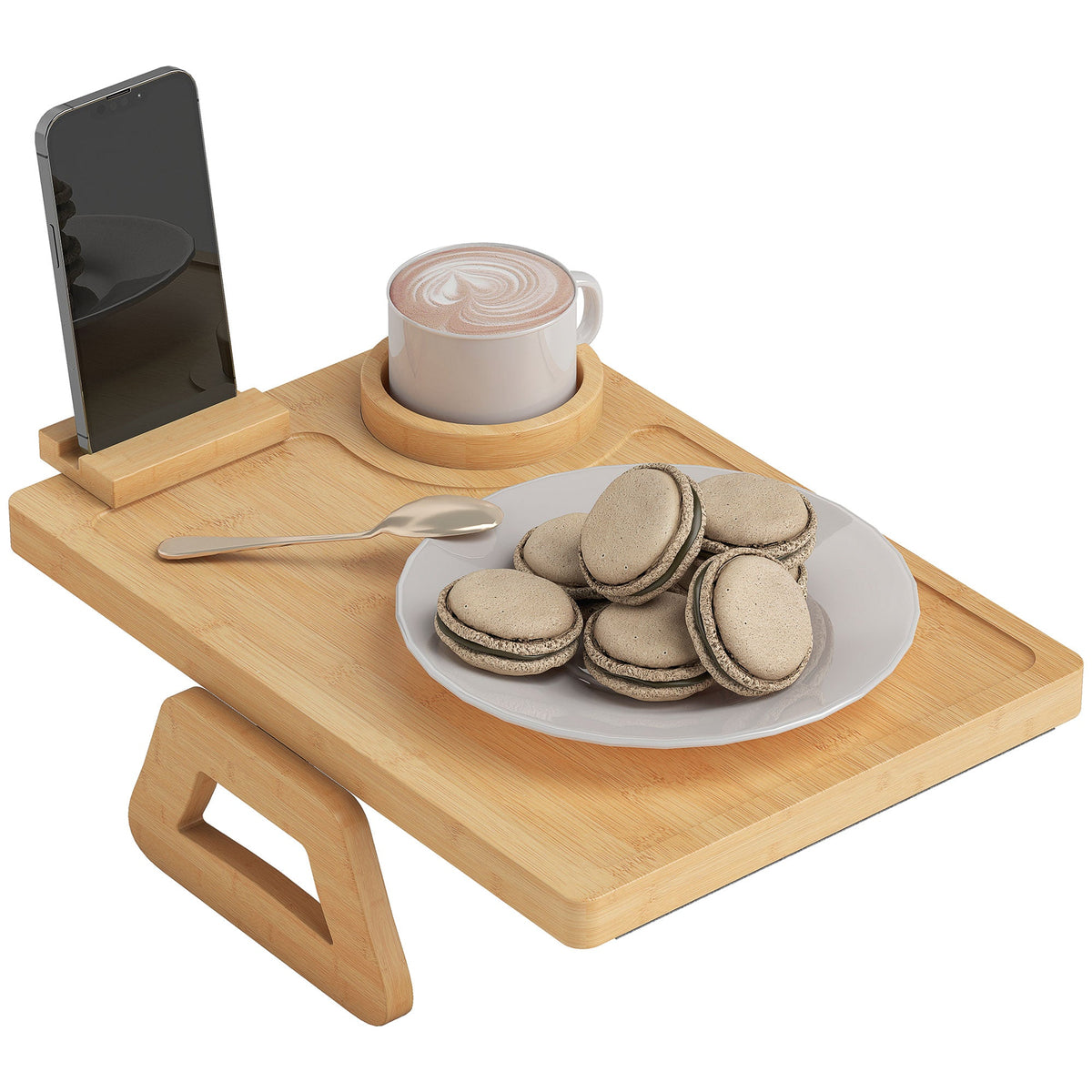 Couch Arm Tray, Clip-On Side Table with 360° Rotating Phone Holder and Removable Cup Holder, Natural