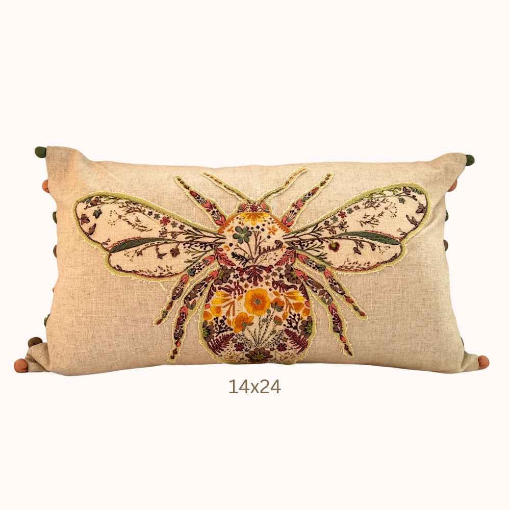 Embroidered Bumblebee Linen Lumbar Pillow Cover – Boho Farmhouse Decorative Accent Pillow with Pom Poms