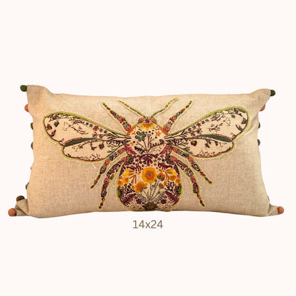 Embroidered Bumblebee Linen Lumbar Pillow Cover – Boho Farmhouse Decorative Accent Pillow with Pom Poms