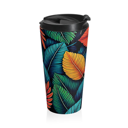 Tropical Leaf Pattern Travel Mug | Colorful Botanical Stainless Steel