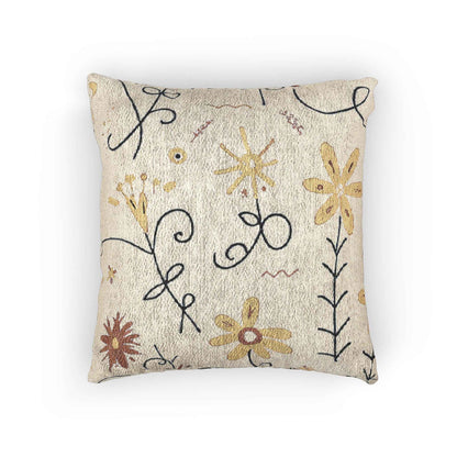 Neutral Floral Embroidered Woven Pillow | Boho Farmhouse Throw Cushion