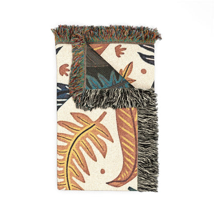 Tropical Leaf Woven Blanket — Boho Botanical Throw for Living Room, Bed, or Outdoor Picnics