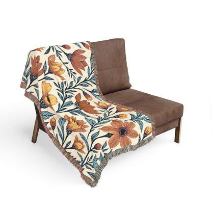 Woven Blanket — Boho Floral Throw Blanket, Vintage-Inspired Tulip & Poppy Pattern
