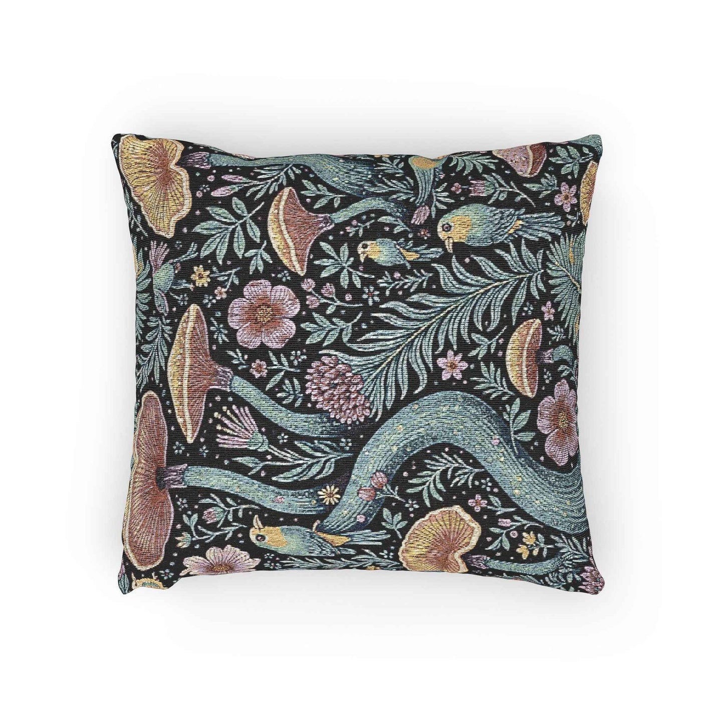 Mushroom and Fern Tapestry Pillow | Woven Decorative Throw Pillow