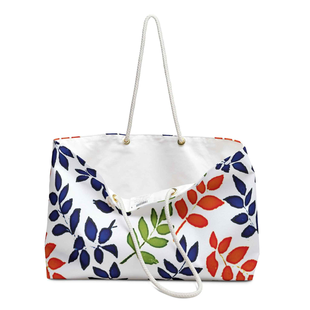 Colorful Leaf Pattern Weekender Bag | Navy Red Green Leaves, Large Tote Bag
