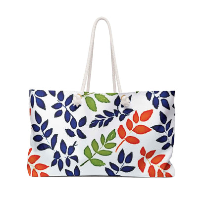 Colorful Leaf Pattern Weekender Bag | Navy Red Green Leaves, Large Tote Bag