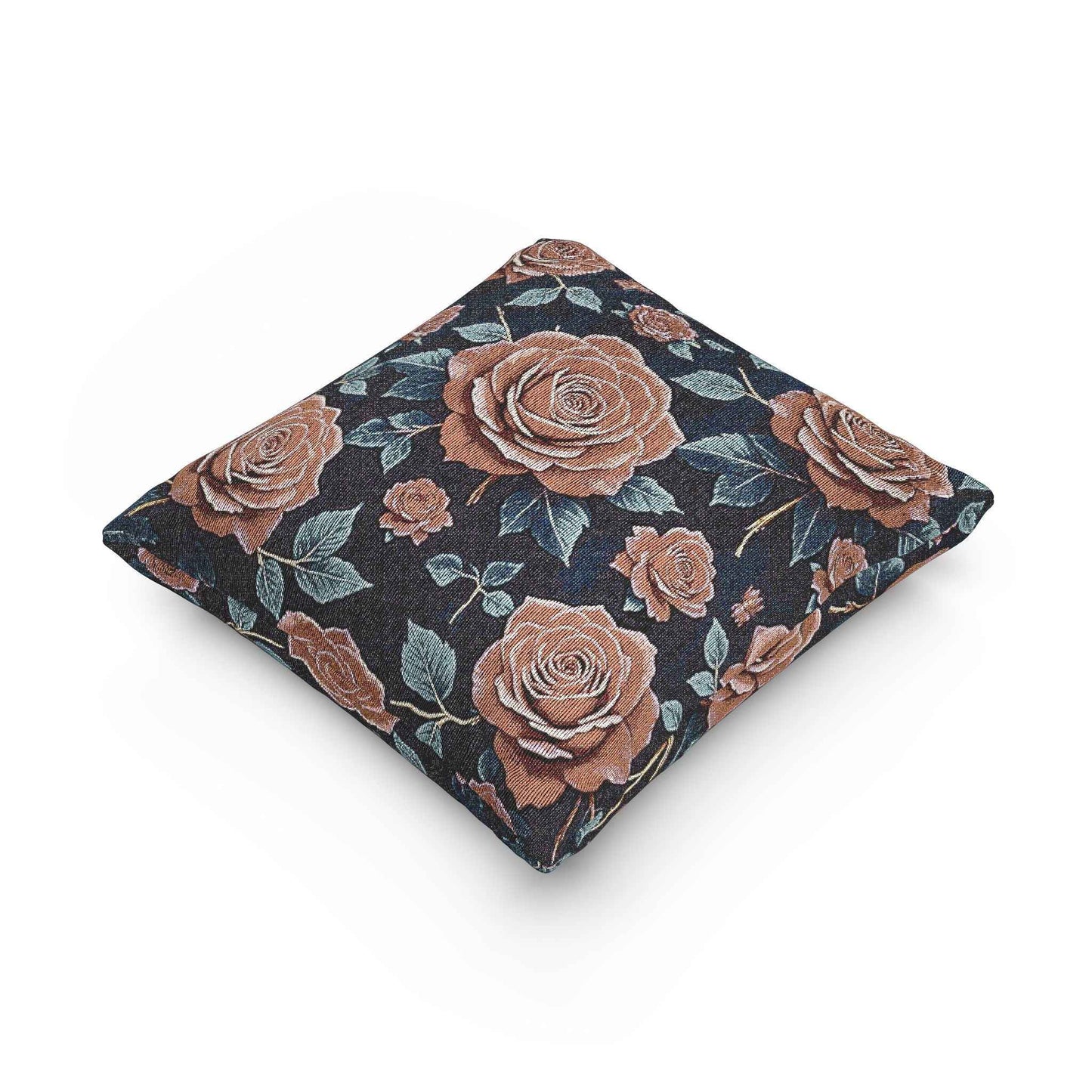 Vintage Rose Woven Pillow | Floral Needlepoint Style, Navy Background