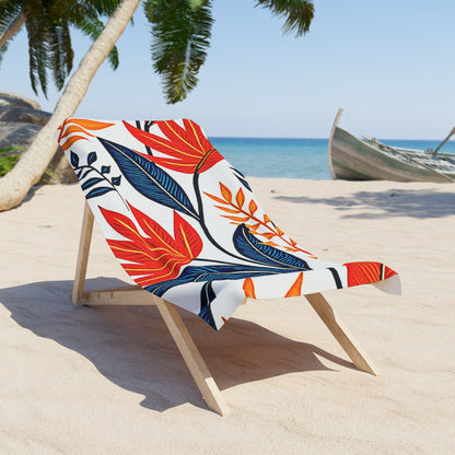 Tropical Leaves Beach Towel – Bold Red & Blue Floral Print