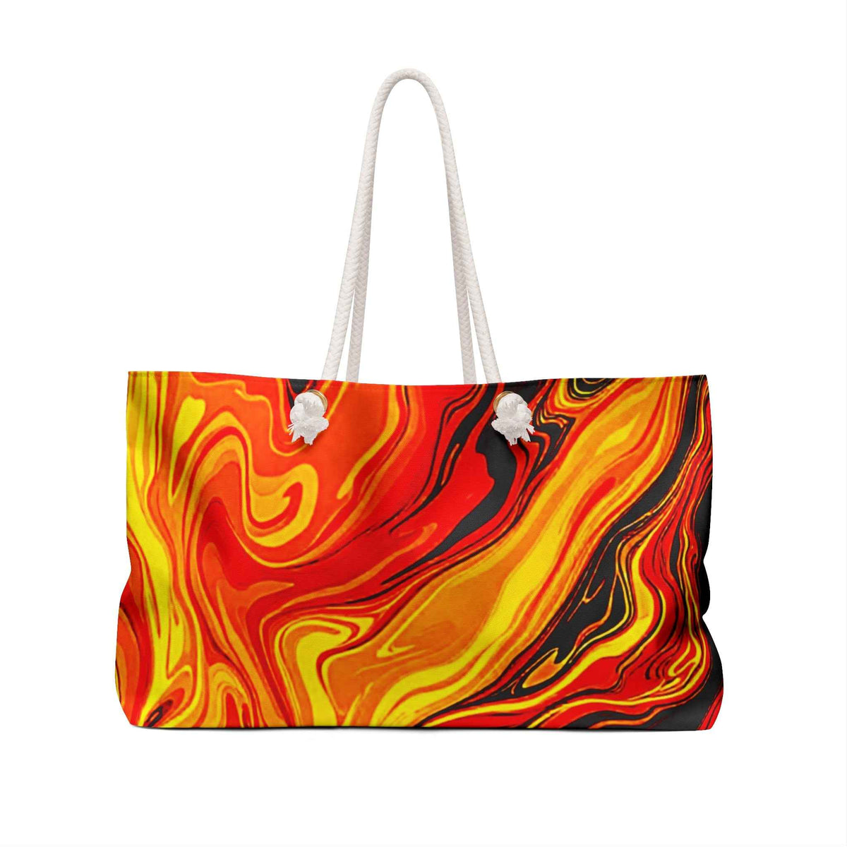 Fiery Abstract Swirl Weekender Bag | Red Orange Yellow Marble, Large Tote