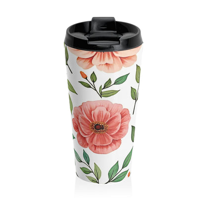 Peach Floral Pattern Stainless Steel Travel Mug | Botanical Leaves