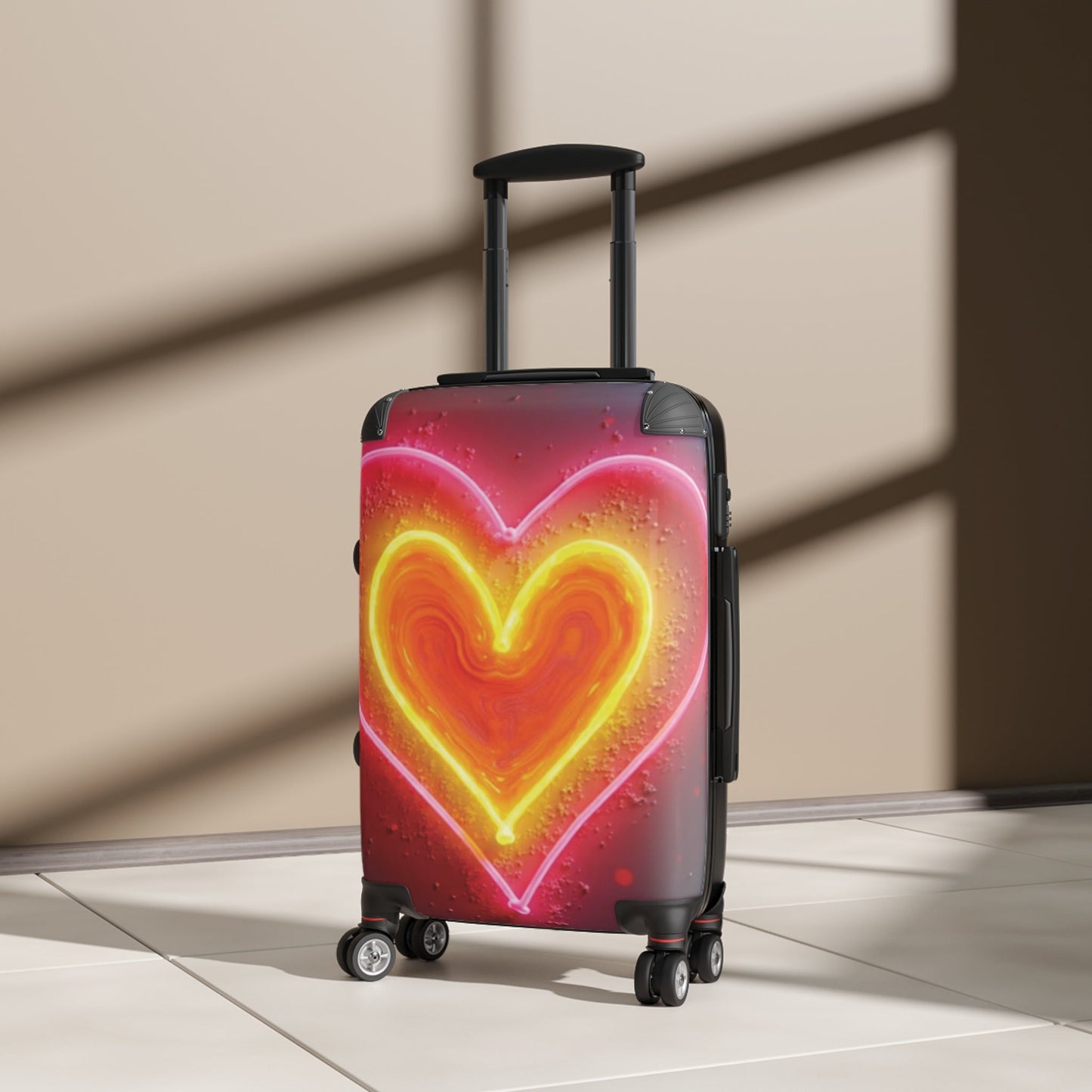 Neon Heart Suitcase - Bright Pink & Yellow LED-Look Carry-On Travel Luggage