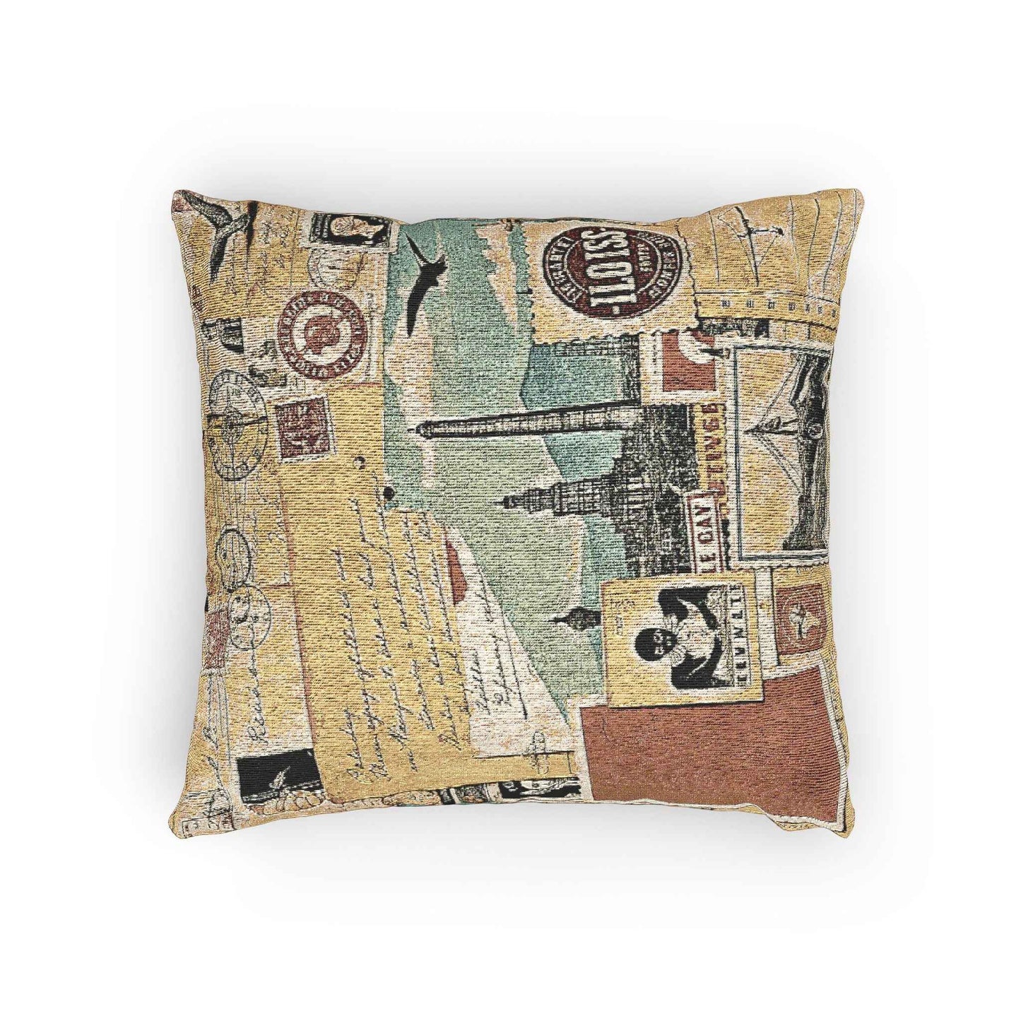 Vintage Travel Collage Woven Pillow | Cityscape Postcard Tapestry