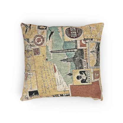 Vintage Travel Collage Woven Pillow | Cityscape Postcard Tapestry