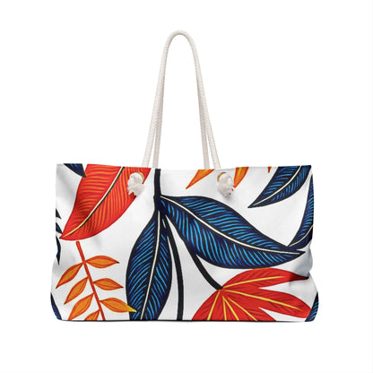 Bold Red Blue Tropical Leaves Weekender Bag | Leaf Print Bag