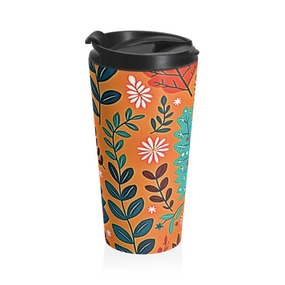 Autumn Floral Leaves Travel Mug | Orange Botanical Stainless Steel