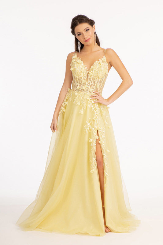 3-D Flower Applique Glitter Mesh A-line Dress w/ Embroidery