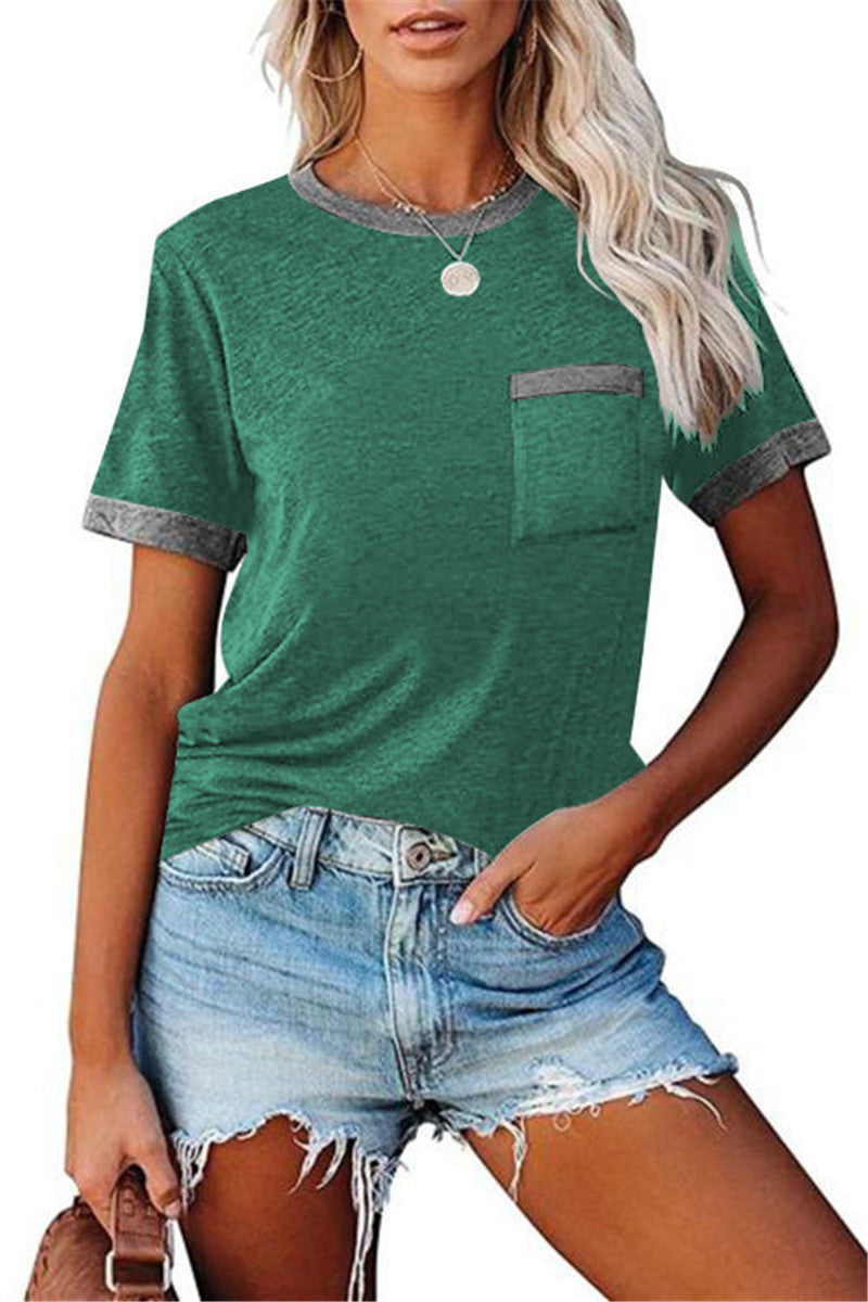 Pocket Round Neck Stitching Pocket Top
