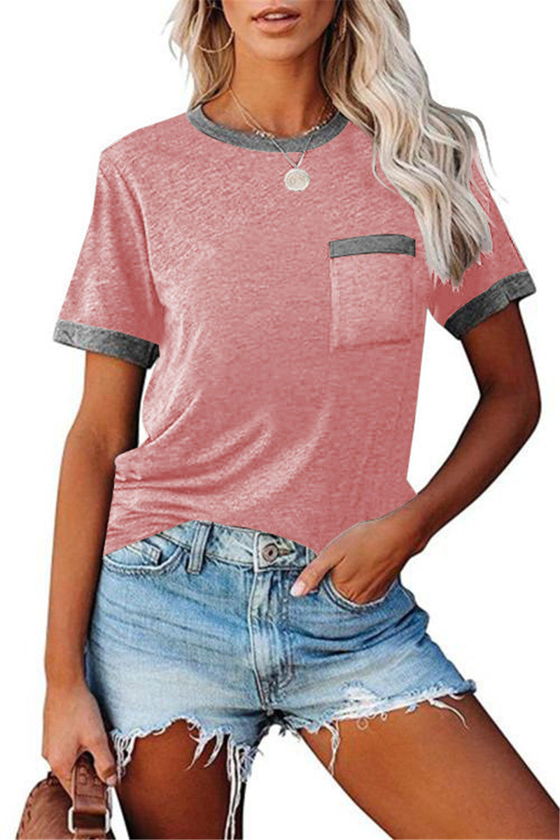 Pocket Round Neck Stitching Pocket Top