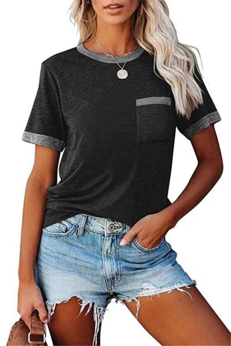 Pocket Round Neck Stitching Pocket Top