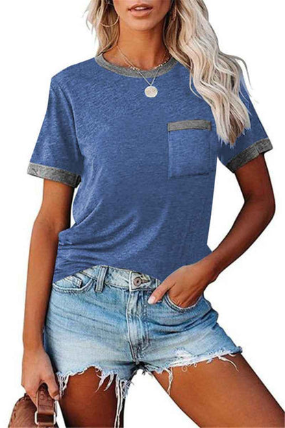 Pocket Round Neck Stitching Pocket Top