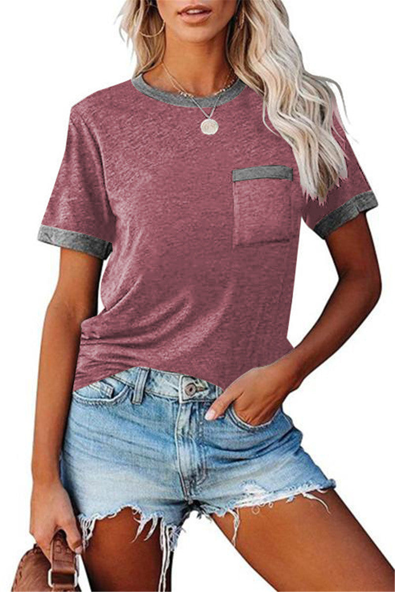 Pocket Round Neck Stitching Pocket Top