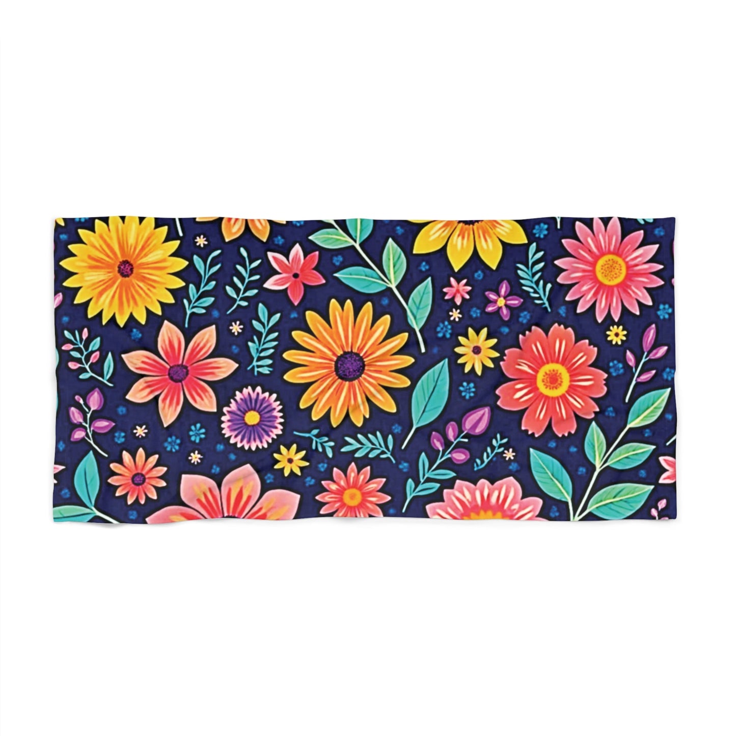 Floral Fiesta Beach Towel – Colorful Summer Flowers on Navy