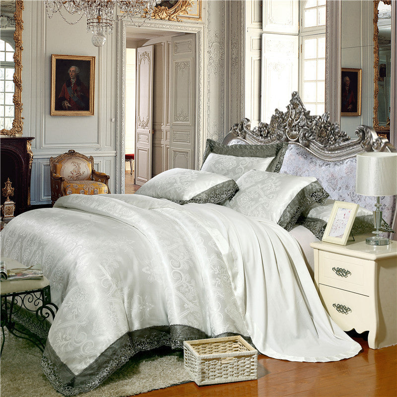 Jacquard Cotton Four‑Piece Luxury Bedding Set – Pure Cotton Duvet Cover &amp; Silk‑Satin Finish Bed Sheet