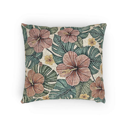 Hibiscus Tropical Floral Woven Pillow | Botanical Throw Cushion