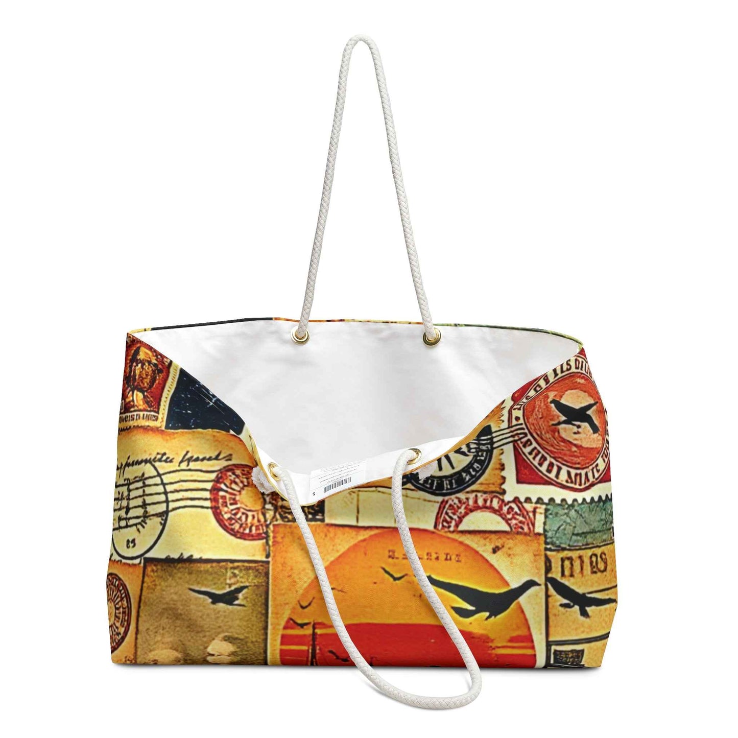 Vintage Travel Collage Weekender Bag | Postage Stamps, Airplane Motifs, Large Tote Bag