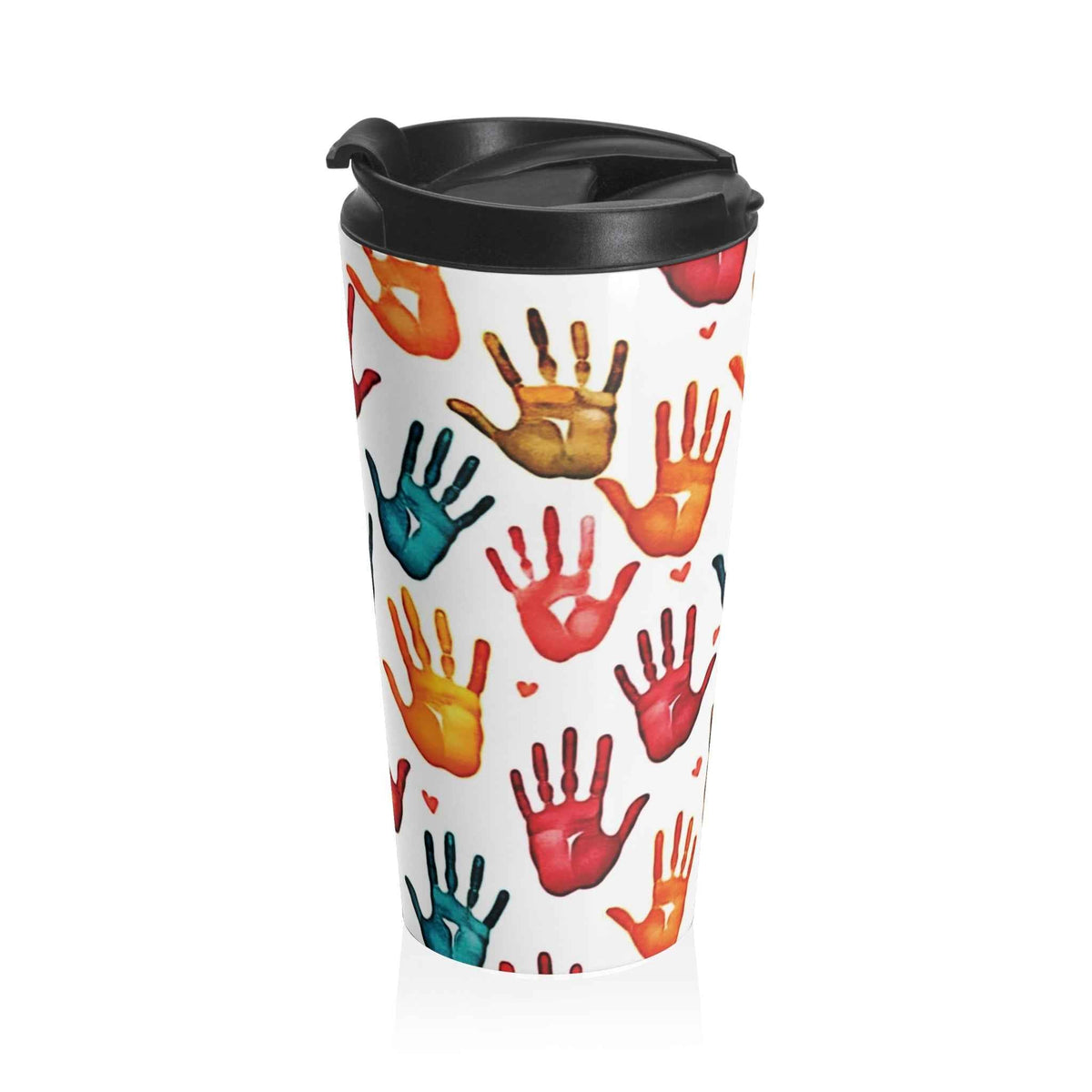 Travel Mug — Colorful Handprint Pattern Stainless Steel Tumbler (Kids & Teachers Gift)