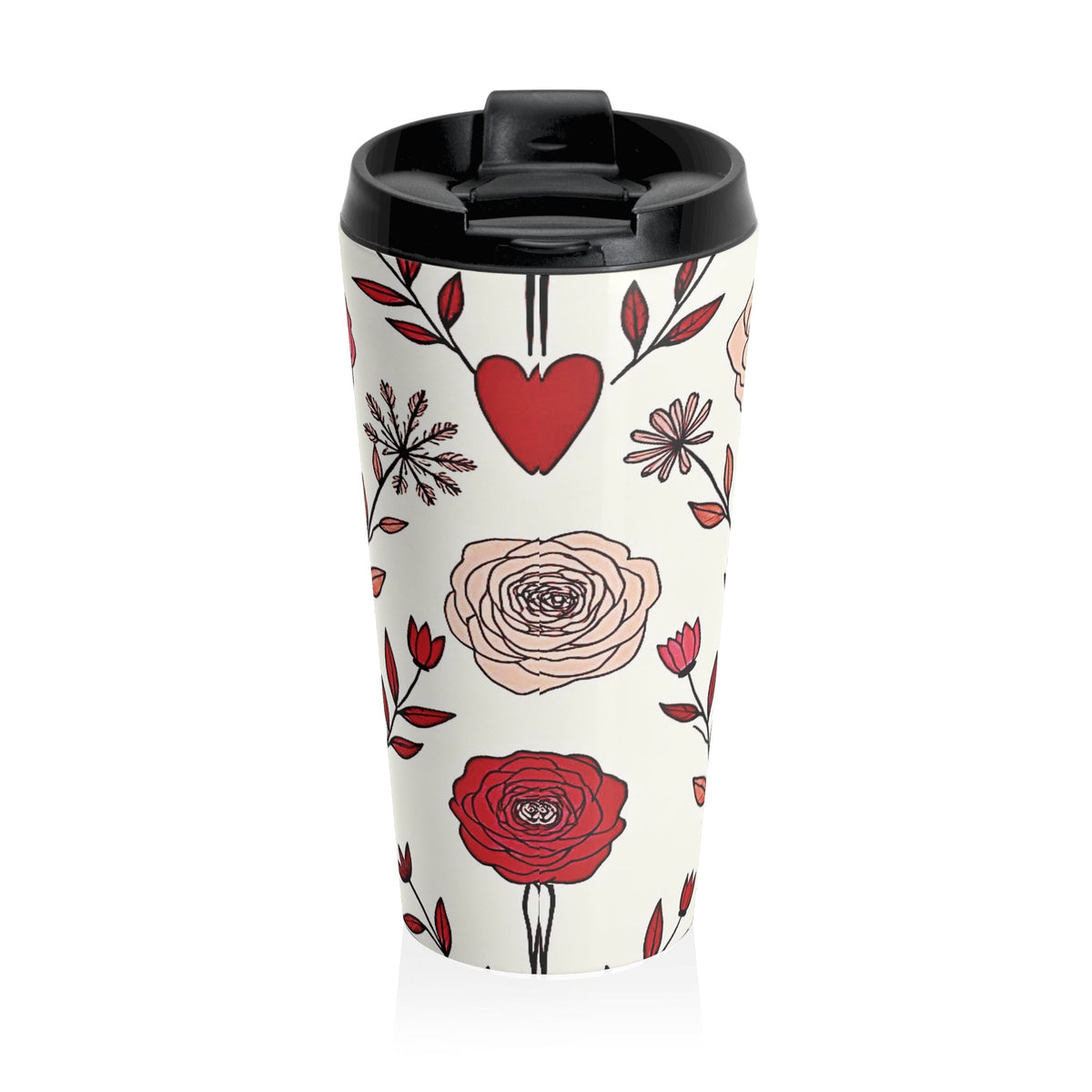 Hand-Drawn Red Heart Floral Stainless Steel Travel Mug | Valentine Pattern