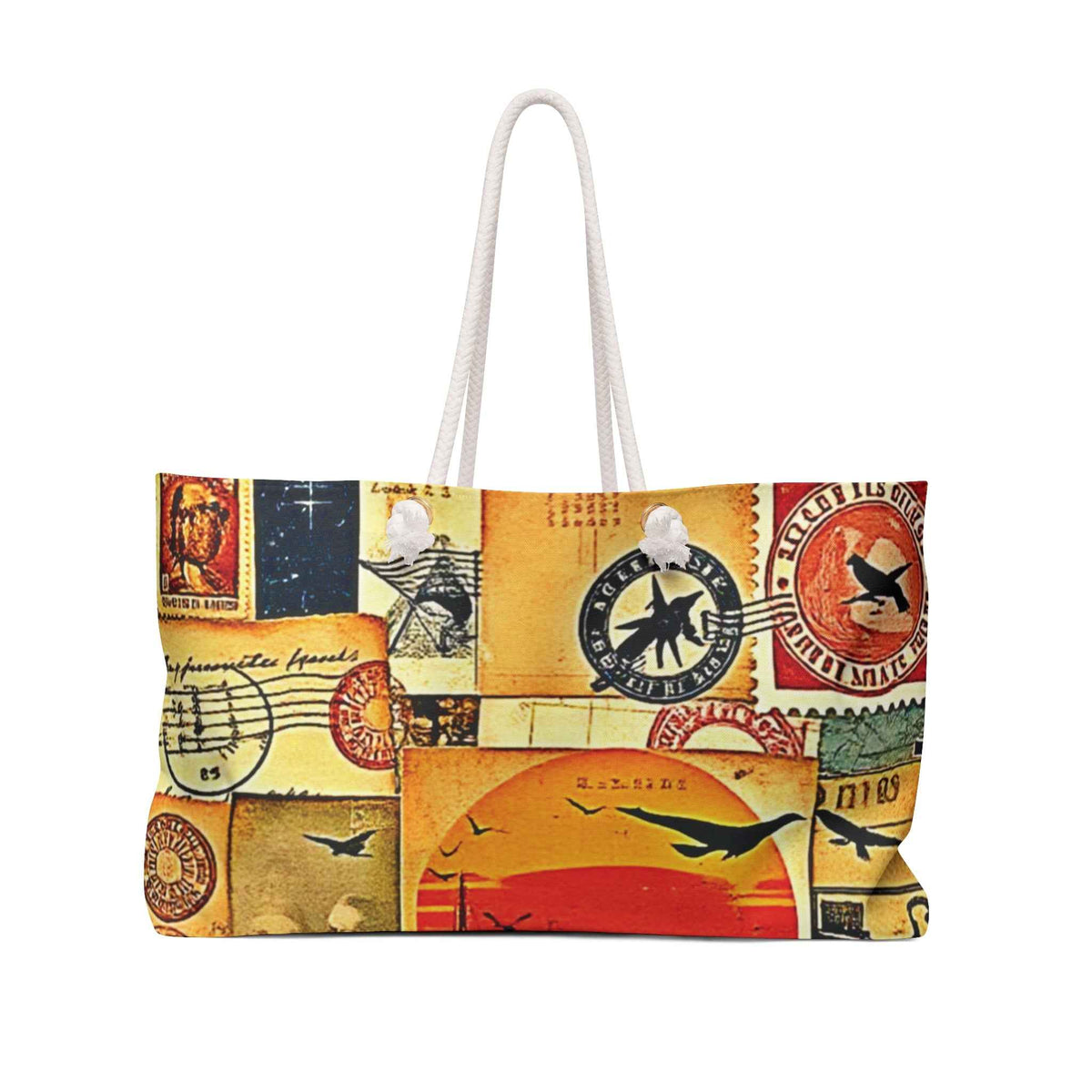 Vintage Travel Collage Weekender Bag | Postage Stamps, Airplane Motifs, Large Tote Bag