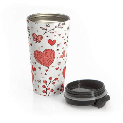 Hand-Drawn Hearts Travel Mug | Valentine Butterfly Floral Stainless Steel