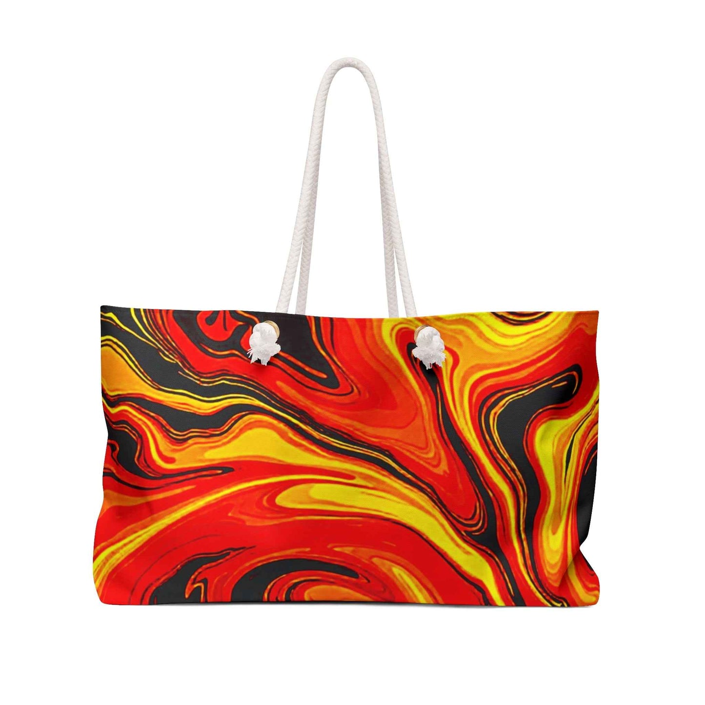 Fiery Abstract Swirl Weekender Bag | Red Orange Yellow Marble, Large Tote
