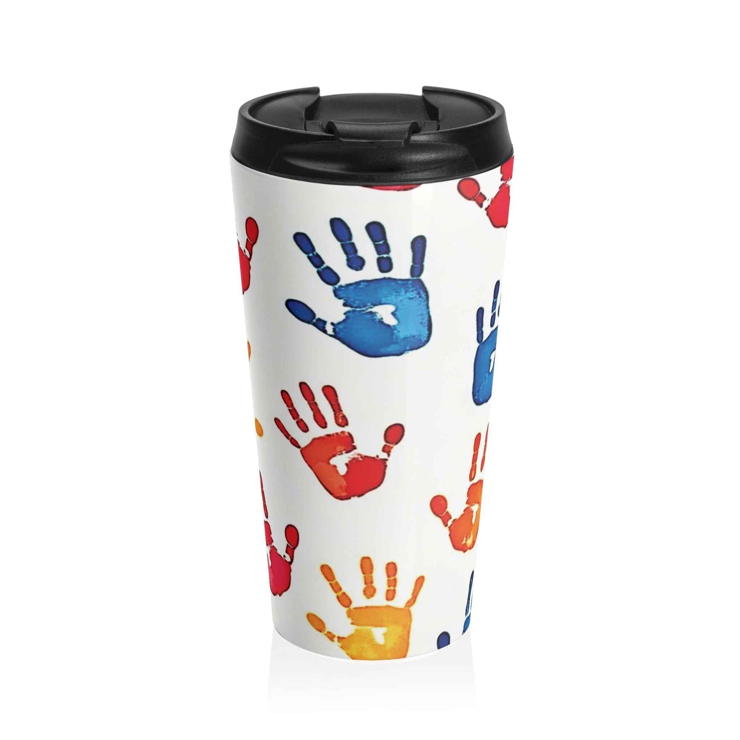 Colorful Handprint Stainless Steel Travel Mug — Kids Art Pattern, Spill‑Resistant Coffee Tumbler